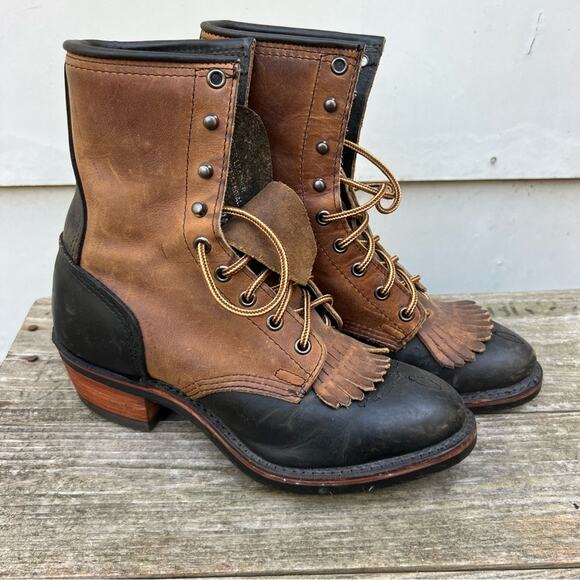 VTG 90s Black Brown Two Tone Lace Up Roper Kilte Fringe PAC Boots Roper 7 1/2M